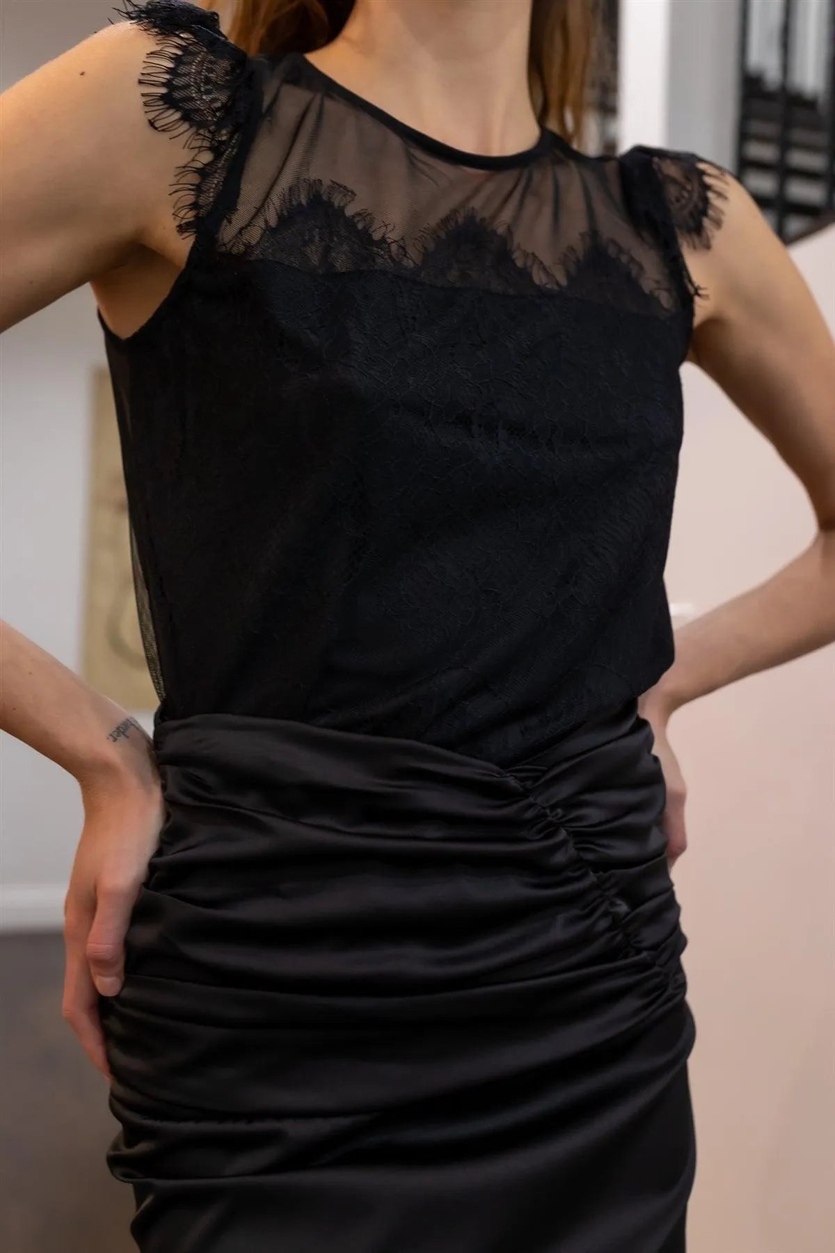 Black Mesh Lace Trim Bodysuit /1-1-1-1 - Tasha Apparel Wholesale