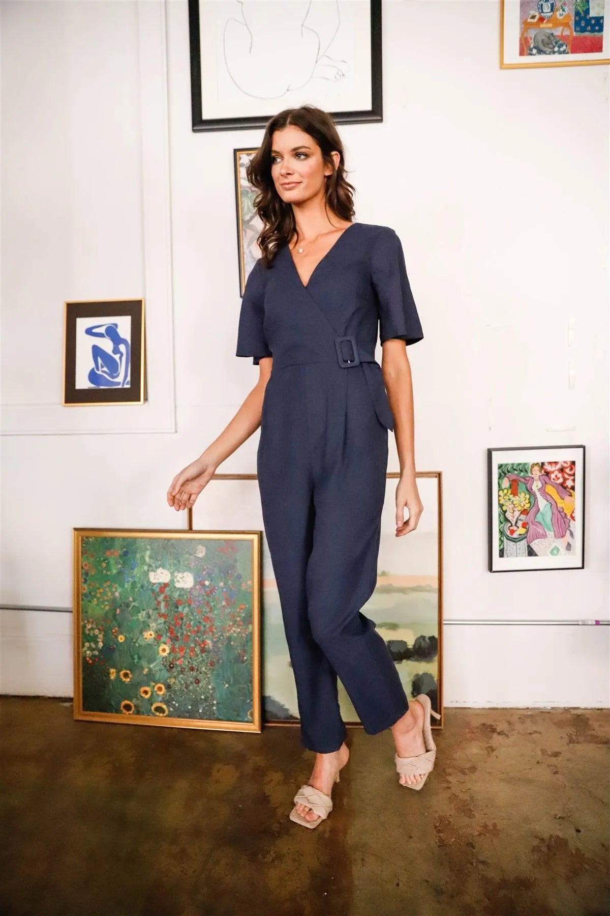 Navy Front Side Buckle Belt Detail Wrap Jumpsuit /1-2-2-1 - Tasha Apparel Wholesale