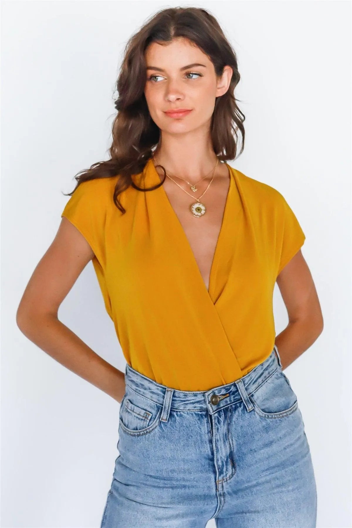 Mustard Wrap V-Neck Open Back Bodysuit /2-2 - Tasha Apparel Wholesale