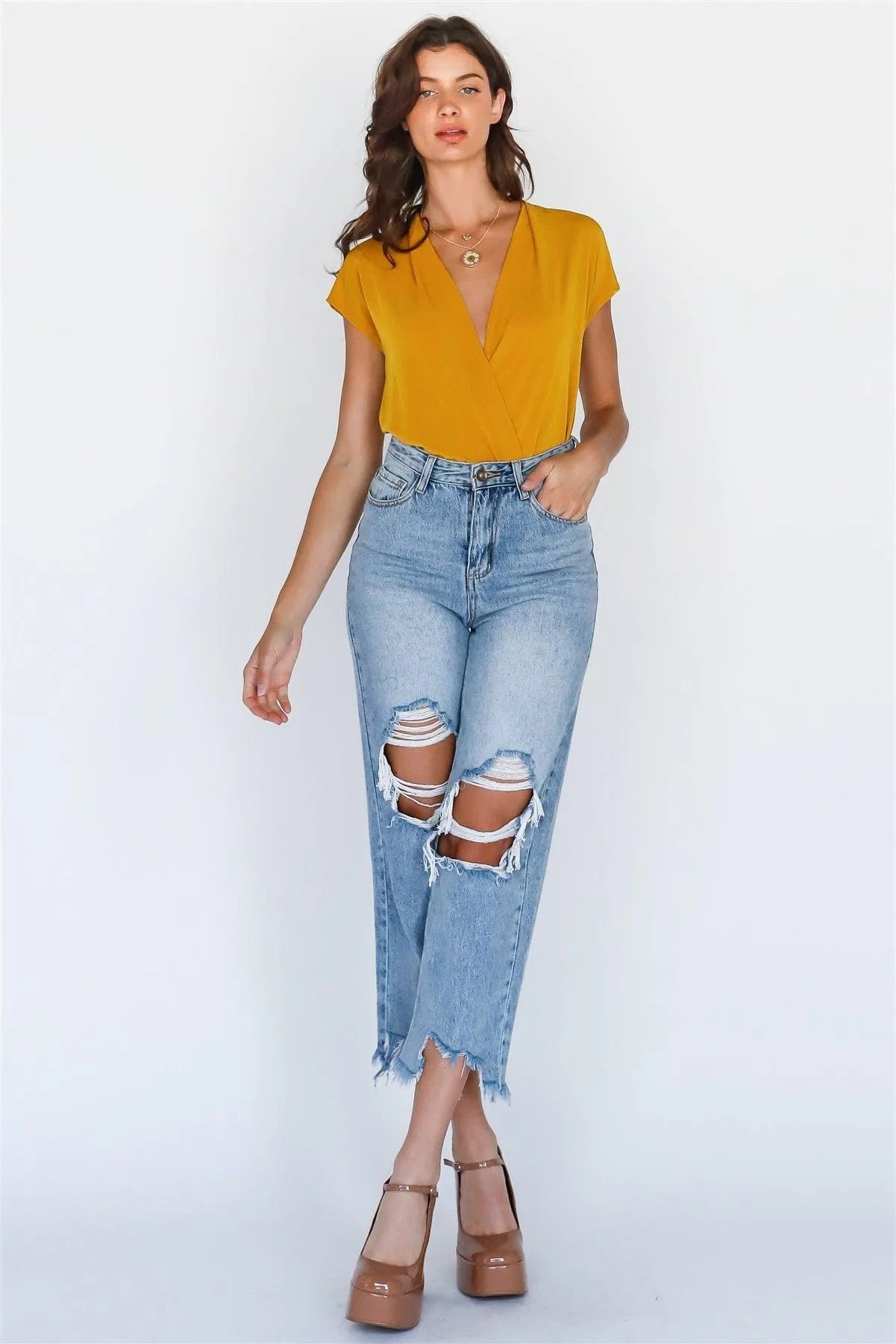 Mustard Wrap V-Neck Open Back Bodysuit /2-2 - Tasha Apparel Wholesale