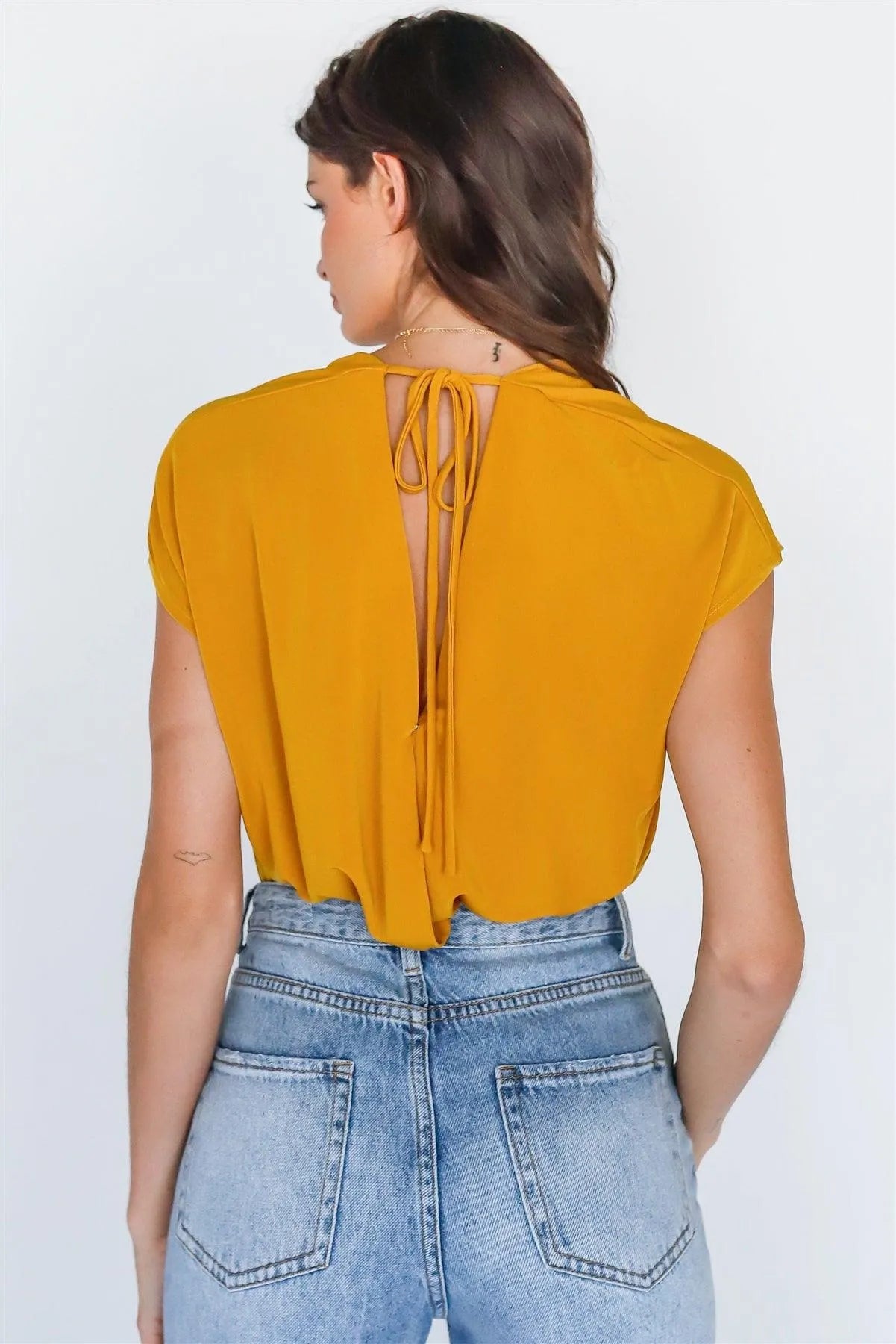 Mustard Wrap V-Neck Open Back Bodysuit /1-2-2 - Tasha Apparel Wholesale
