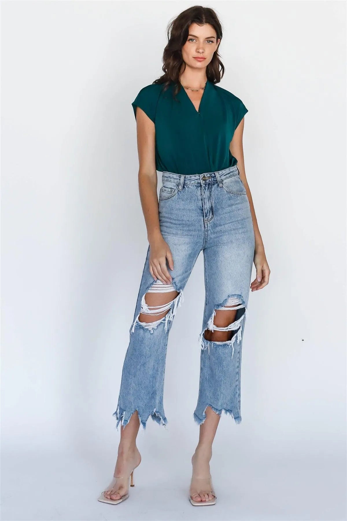 Teal Wrap V-Neck Open Back Bodysuit /1-2-2-1 - Tasha Apparel Wholesale
