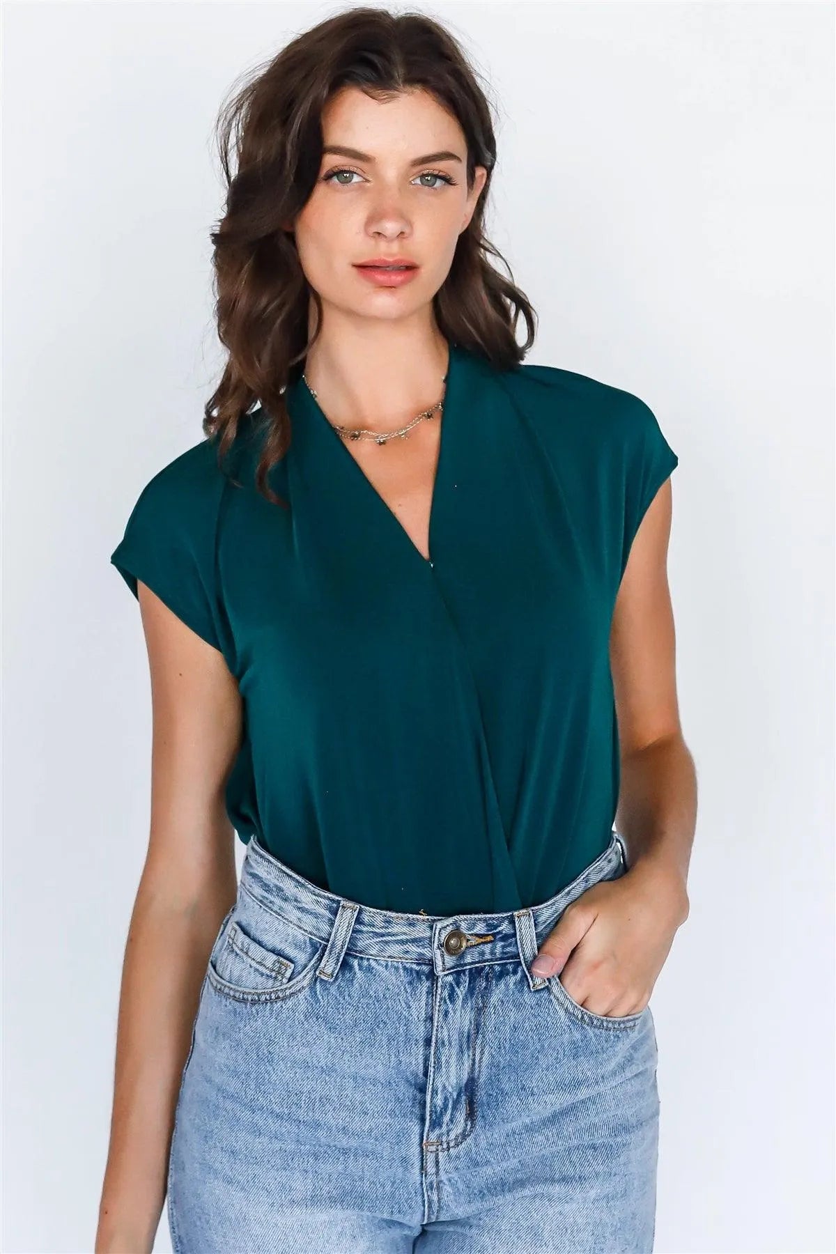 Teal Wrap V-Neck Open Back Bodysuit /2-3 - Tasha Apparel Wholesale