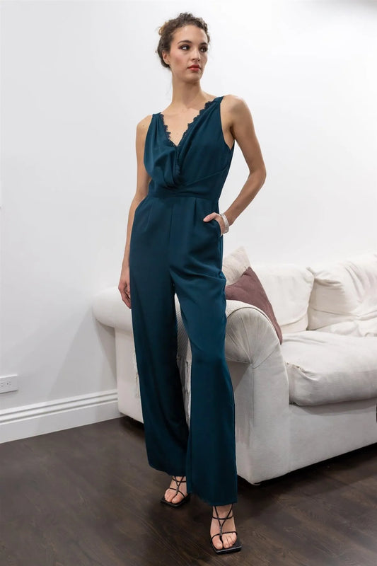 Teal Front Double Wrap Lace Trim Neck Detail Sleeveless Jumpsuit /1-2-2 - Tasha Apparel Wholesale
