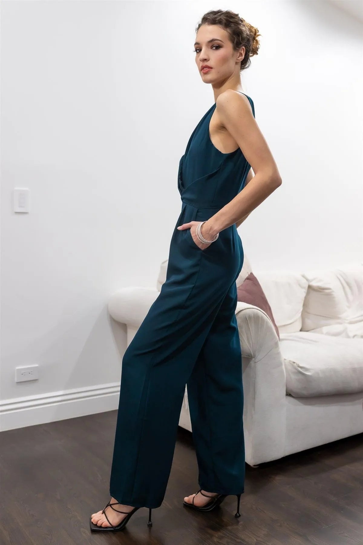 Teal Front Double Wrap Lace Trim Neck Detail Sleeveless Jumpsuit /1-2-2 - Tasha Apparel Wholesale