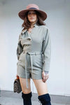 Olive Asymmetric Collar Self-Tie Belted Long Sleeve Romper /1-2-2-1 - Tasha Apparel Wholesale