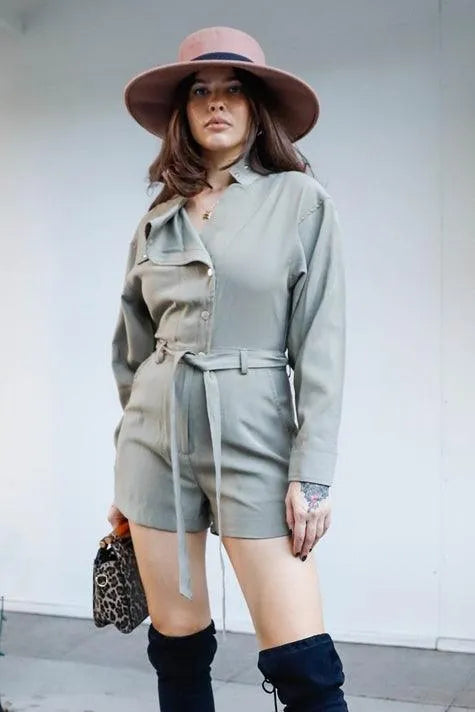 Olive Asymmetric Collar Self-Tie Belted Long Sleeve Romper /1-2-2-1 - Tasha Apparel Wholesale