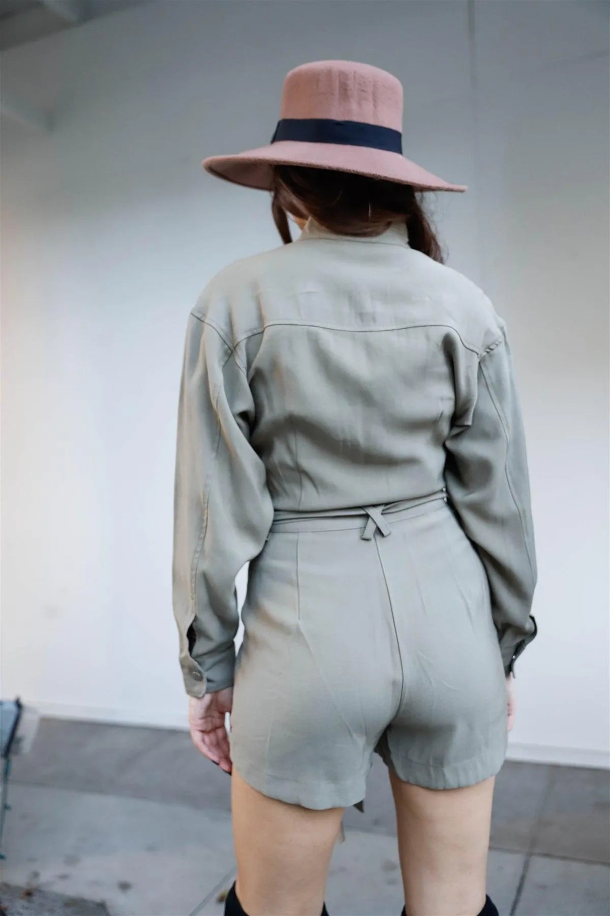Olive Asymmetric Collar Self-Tie Belted Long Sleeve Romper /1-2-2-1 - Tasha Apparel Wholesale