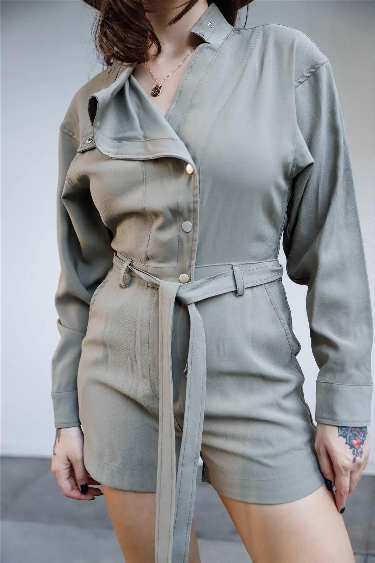 Olive Asymmetric Collar Self-Tie Belted Long Sleeve Romper /1-2-2-1 - Tasha Apparel Wholesale