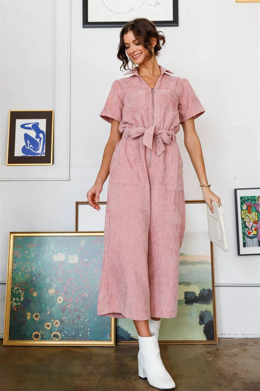 Mauve Velvet Short Sleeve Self-Tie Belted O-Ring Zipper Overall /1-1-2 - Tasha Apparel Wholesale