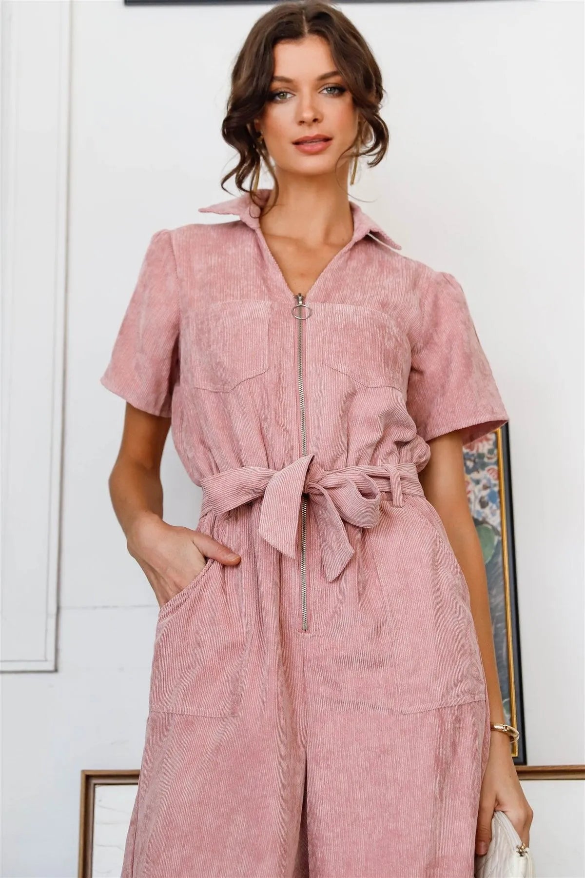 Mauve Velvet Short Sleeve Self-Tie Belted O-Ring Zipper Overall /1-1-2 - Tasha Apparel Wholesale