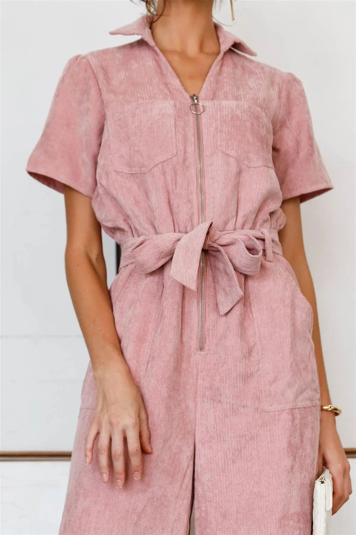 Mauve Velvet Short Sleeve Self-Tie Belted O-Ring Zipper Overall /1-1-2 - Tasha Apparel Wholesale