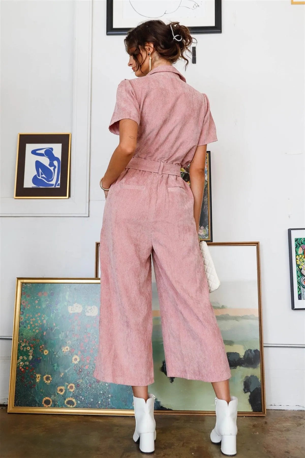 Mauve Velvet Short Sleeve Self-Tie Belted O-Ring Zipper Overall /1-1-2 - Tasha Apparel Wholesale