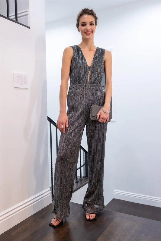 Silver Pleated Sparkly V-Neck Cut-Out Detail Jumpsuit /1-2-2-1 - Tasha Apparel Wholesale