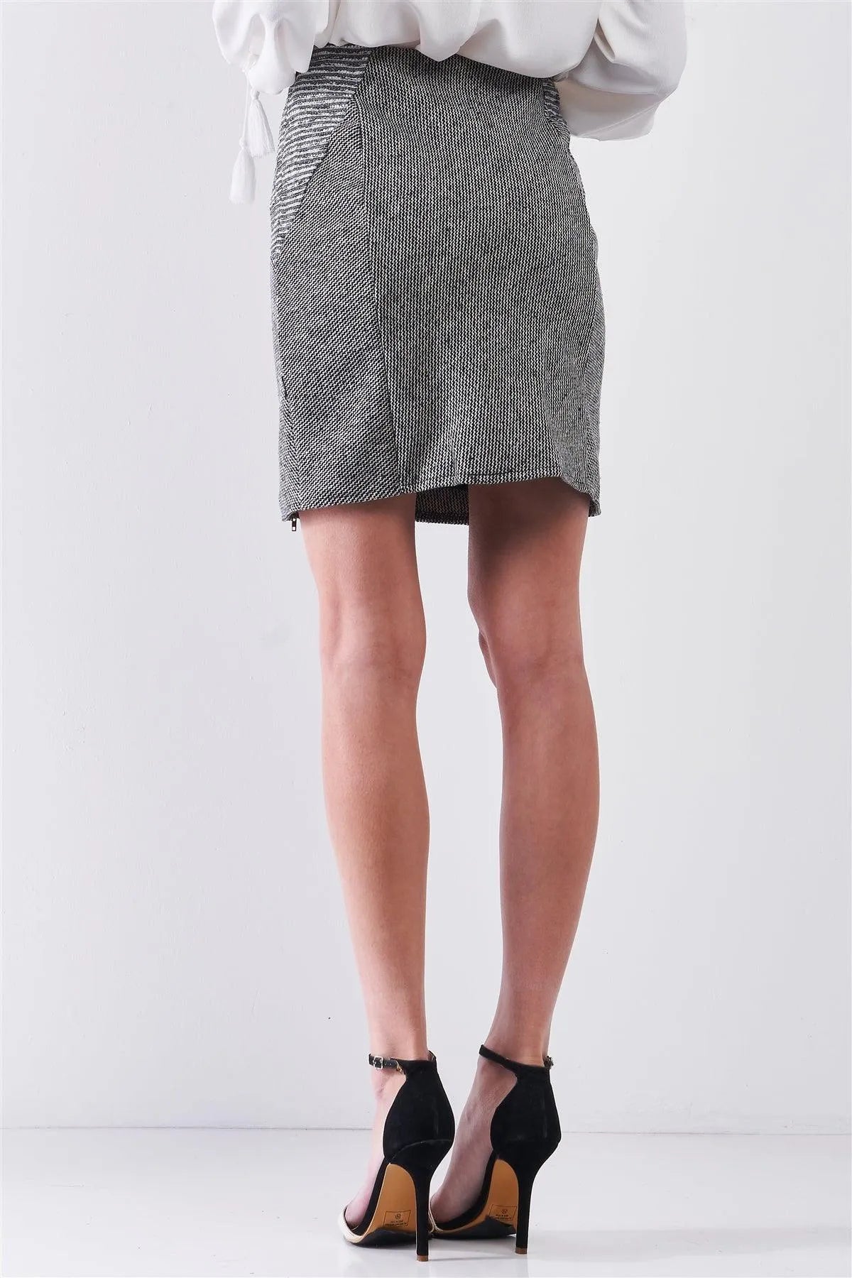 Grey & Black High-Waisted Woolen Bottom Zipper Details Pencil Mini Skirt /1-2-2-1 - Tasha Apparel Wholesale