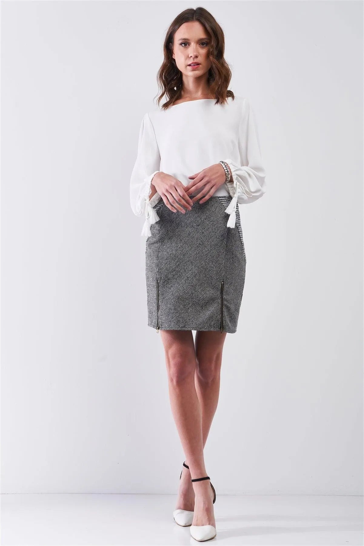 Grey & Black High-Waisted Woolen Bottom Zipper Details Pencil Mini Skirt /1-2-2-1 - Tasha Apparel Wholesale
