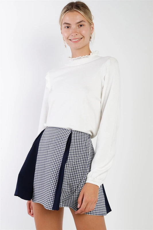 Navy & Cream Houndstooth Print Pleated High Waist Mini Skirt - Tasha Apparel Wholesale