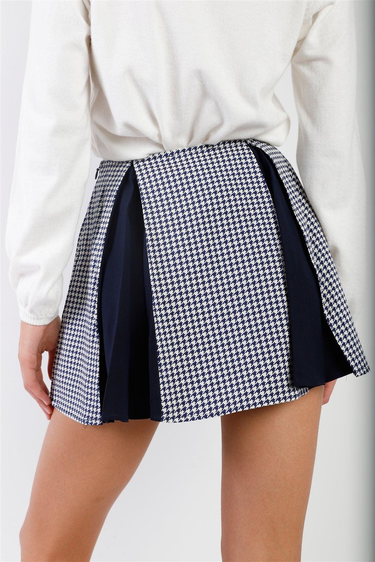 Navy & Cream Houndstooth Print Pleated High Waist Mini Skirt