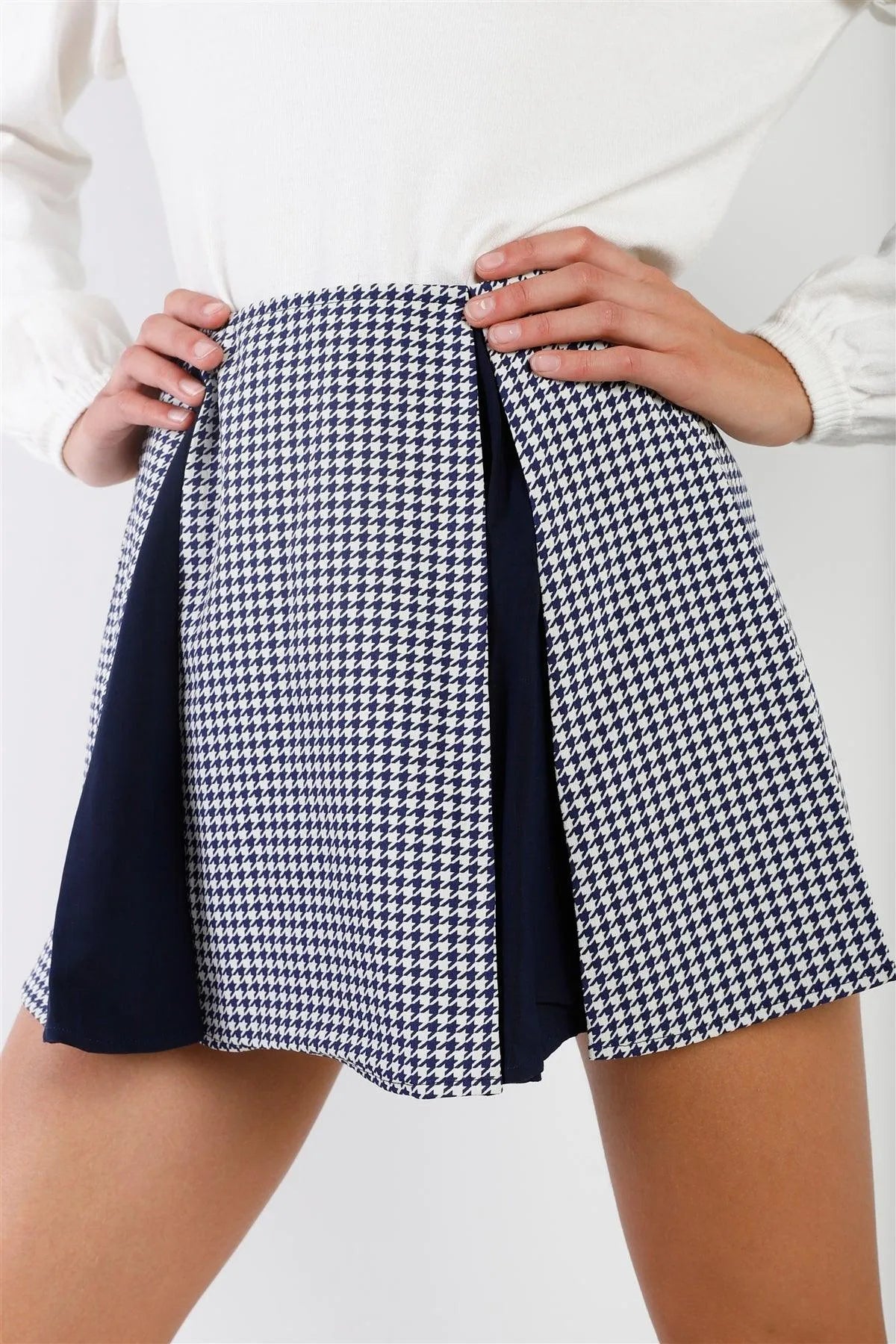 Navy & Cream Houndstooth Print Pleated High Waist Mini Skirt - Tasha Apparel Wholesale