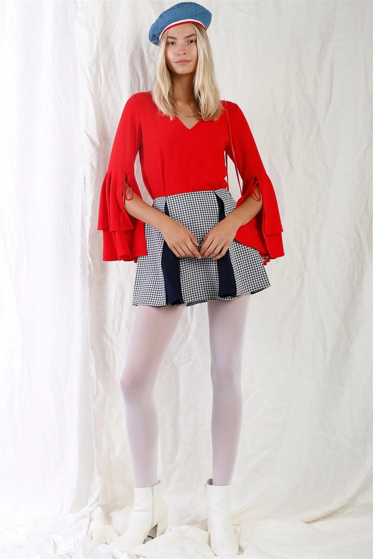 Navy & Cream Houndstooth Print Pleated High Waist Mini Skirt - Tasha Apparel Wholesale