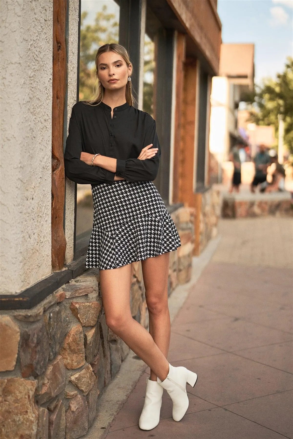 Lady D Black & White Houndstooth Print High Waist Fit & Flare Mini Skirt /1-2-2-1 - Tasha Apparel Wholesale