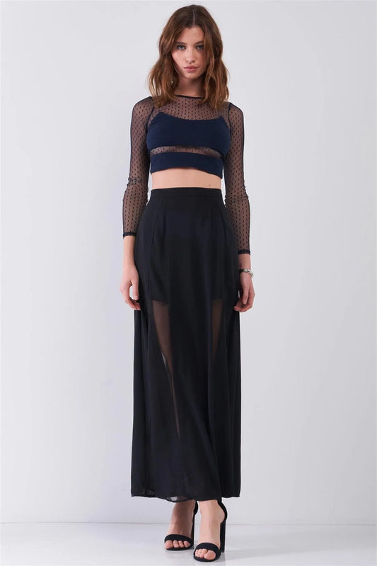 Black Combo Sheer Mesh Cut-Ins High Waist Maxi Skirt /1-2-1 - Tasha Apparel Wholesale