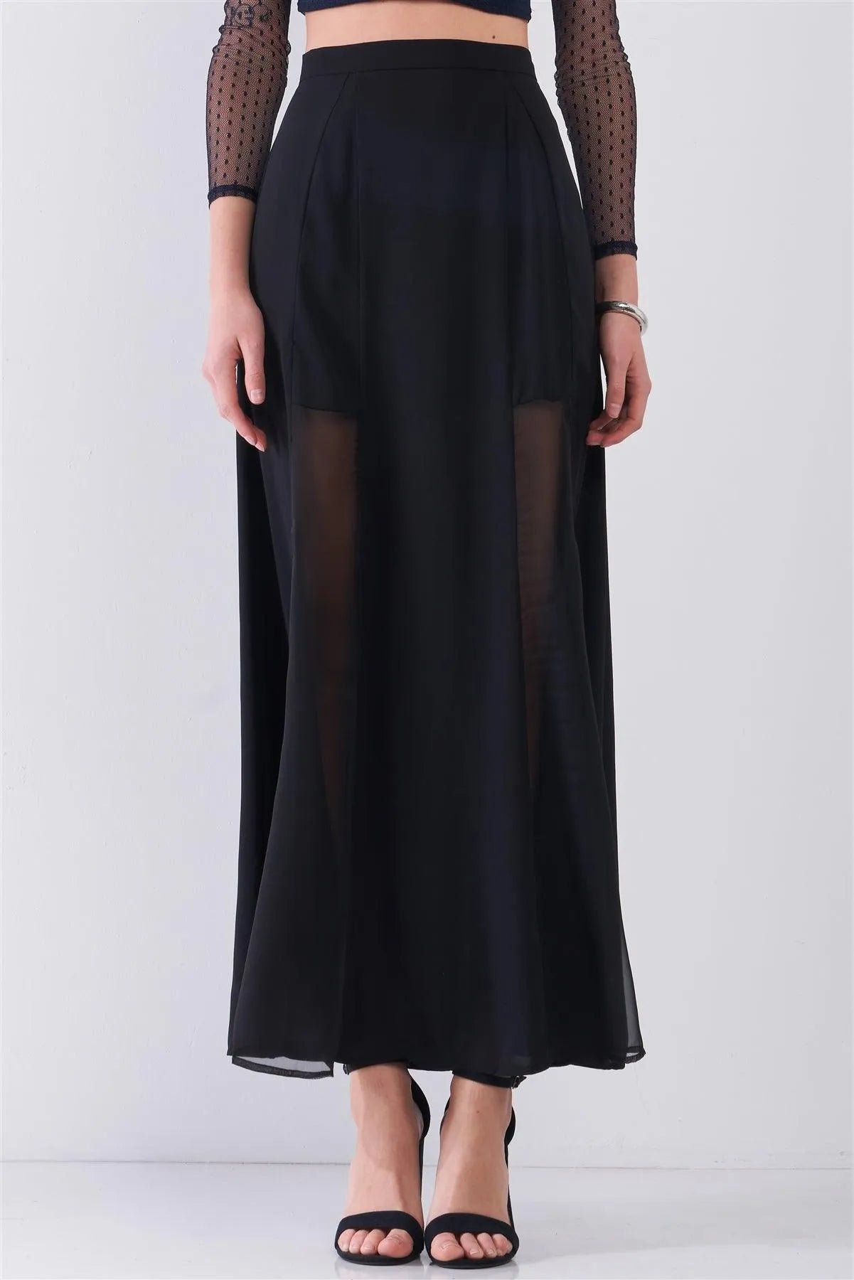 Black Combo Sheer Mesh Cut-Ins High Waist Maxi Skirt /1-2-2-1 - Tasha Apparel Wholesale