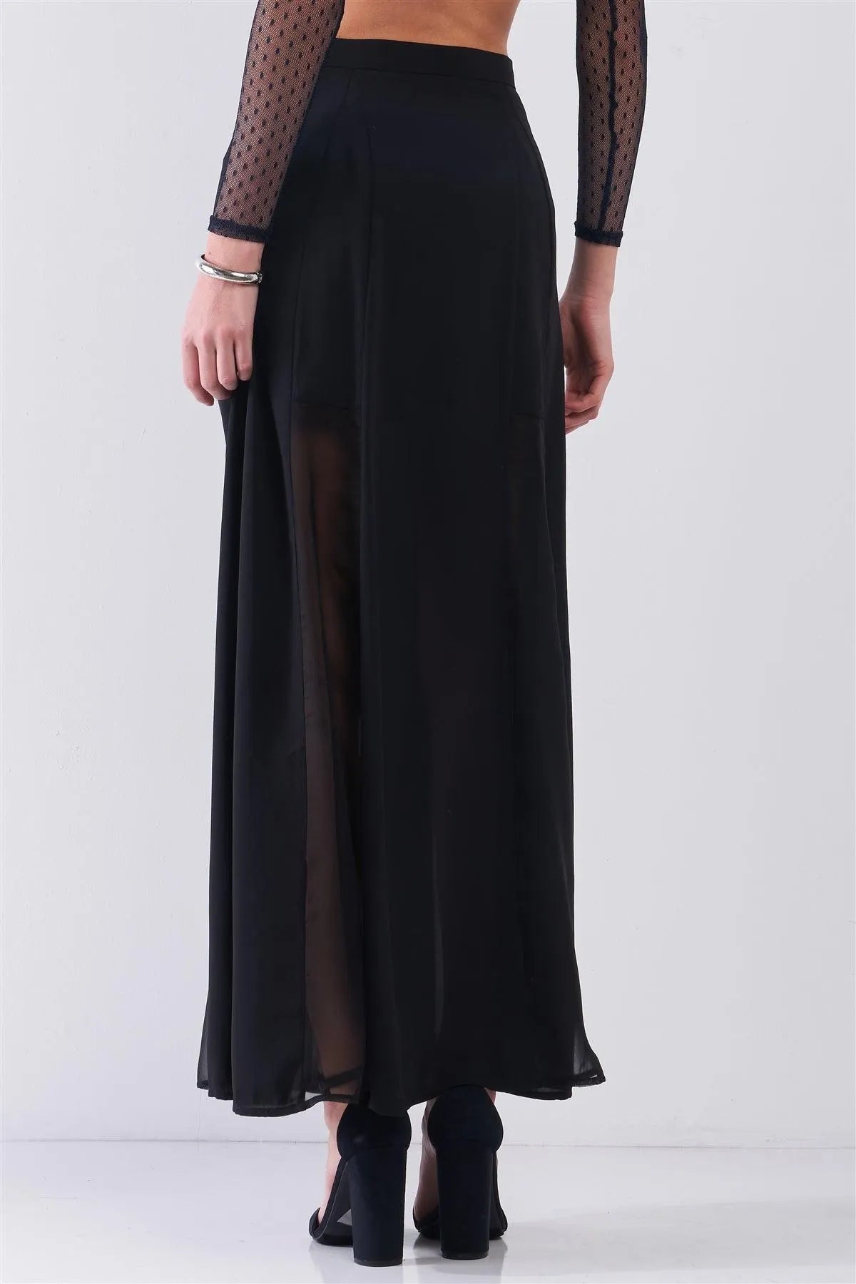 Black Combo Sheer Mesh Cut-Ins High Waist Maxi Skirt /1-2-2-1 - Tasha Apparel Wholesale