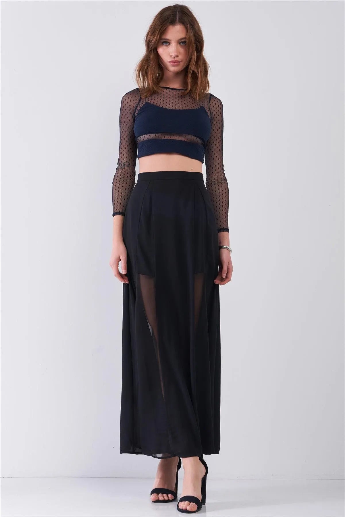 Black Combo Sheer Mesh Cut-Ins High Waist Maxi Skirt /1-2-2-1 - Tasha Apparel Wholesale