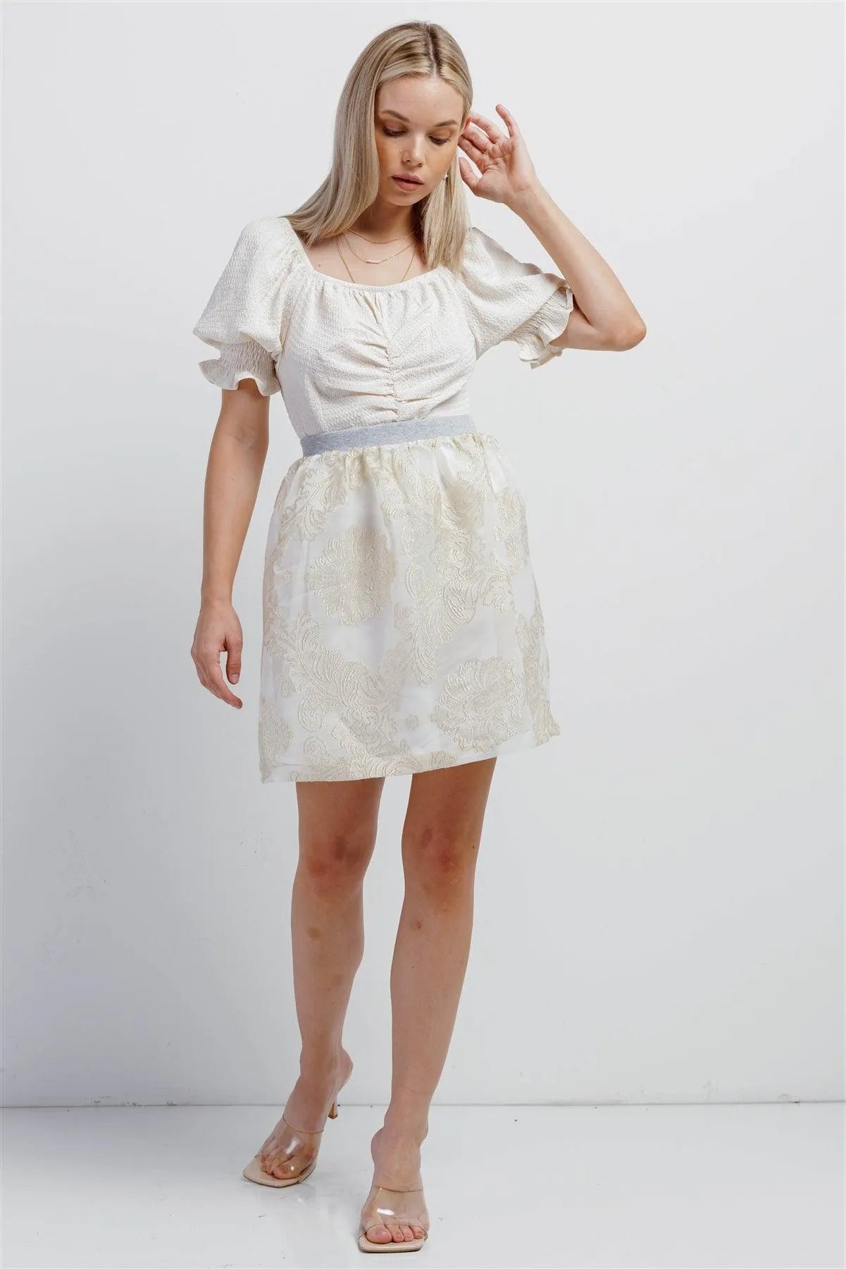 Cream Chiffon Golden Weave Ornament Embroidery High-Waisted Bubble Mini Skirt /1-2-2-1 - Tasha Apparel Wholesale