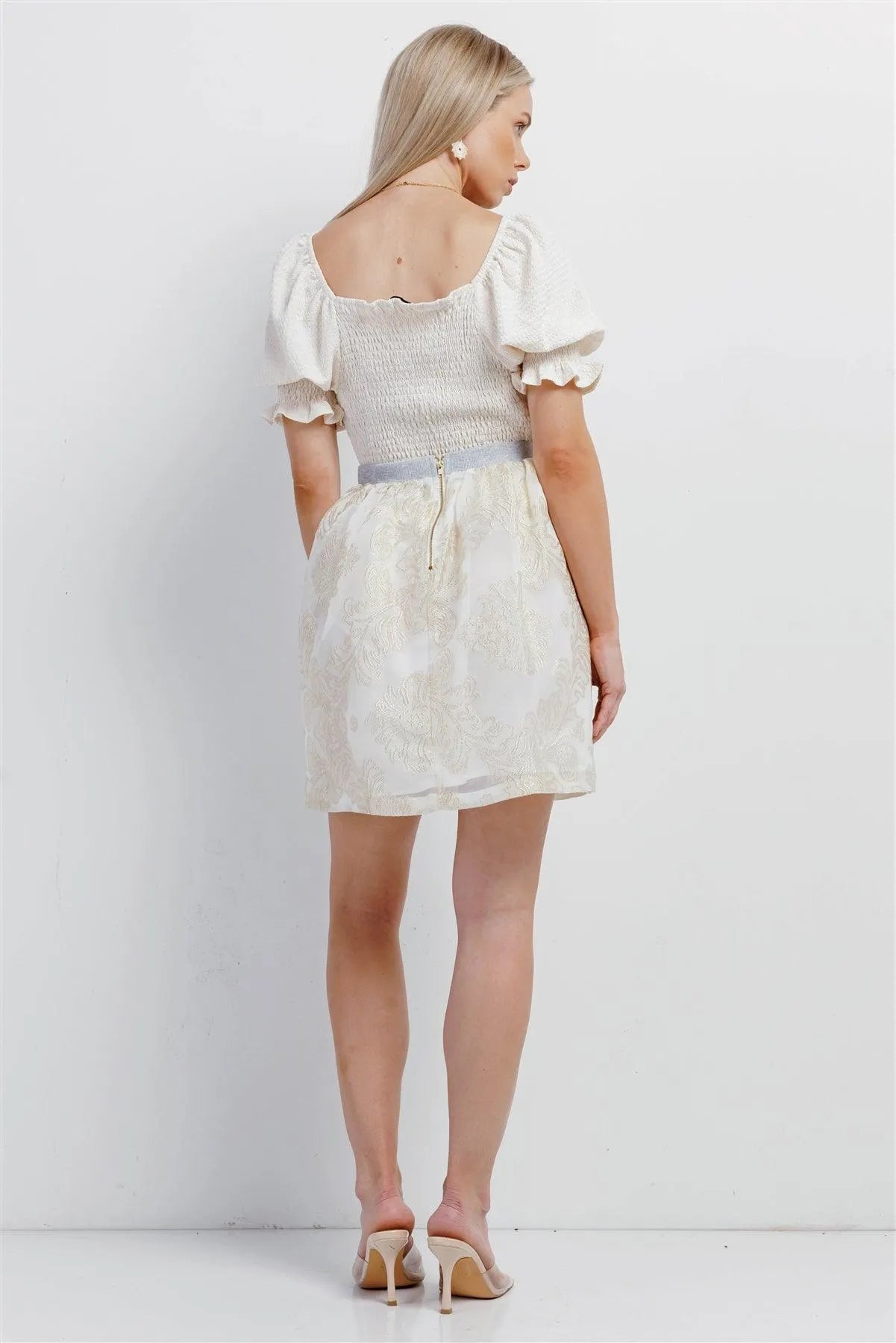 Cream Chiffon Golden Weave Ornament Embroidery High-Waisted Bubble Mini Skirt /1-2-2-1 - Tasha Apparel Wholesale