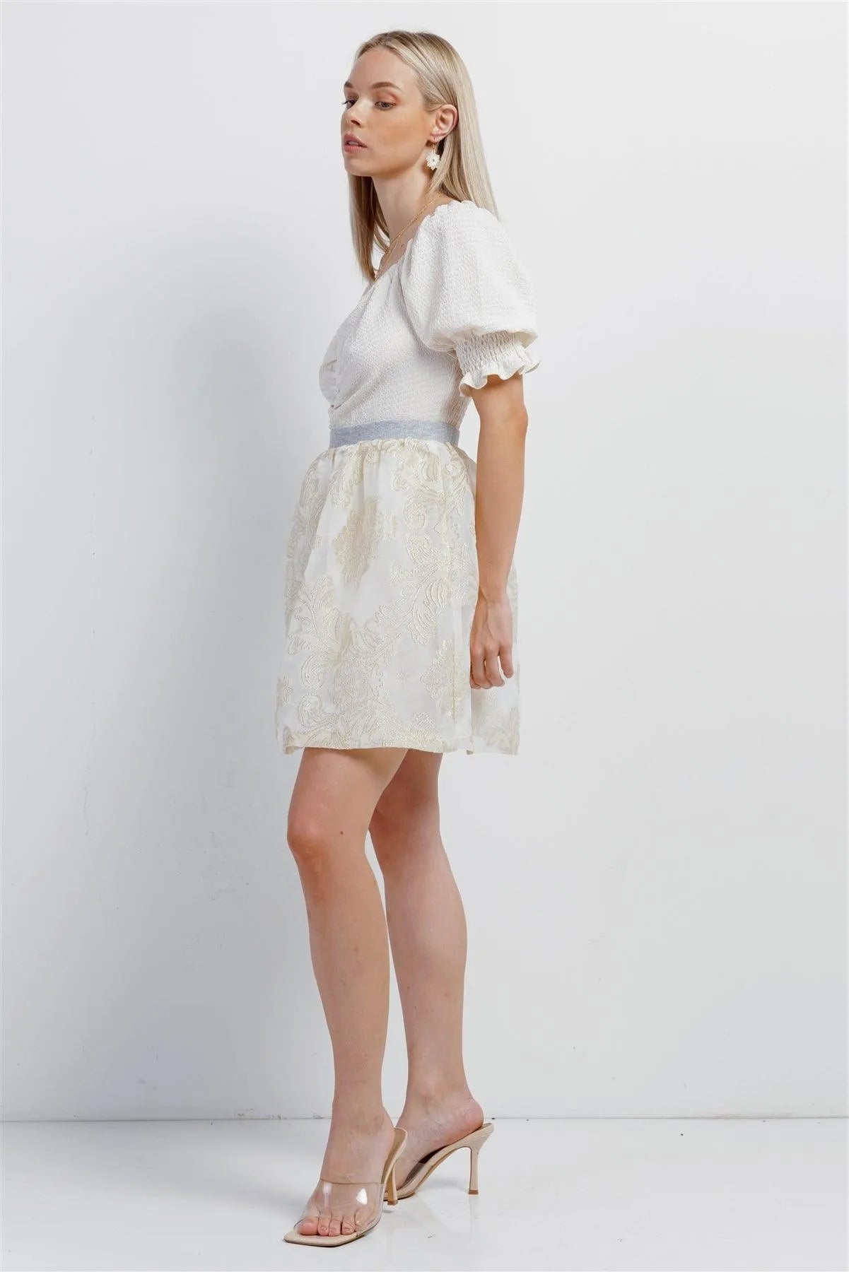 Cream Chiffon Golden Weave Ornament Embroidery High-Waisted Bubble Mini Skirt /1-2-2-1 - Tasha Apparel Wholesale