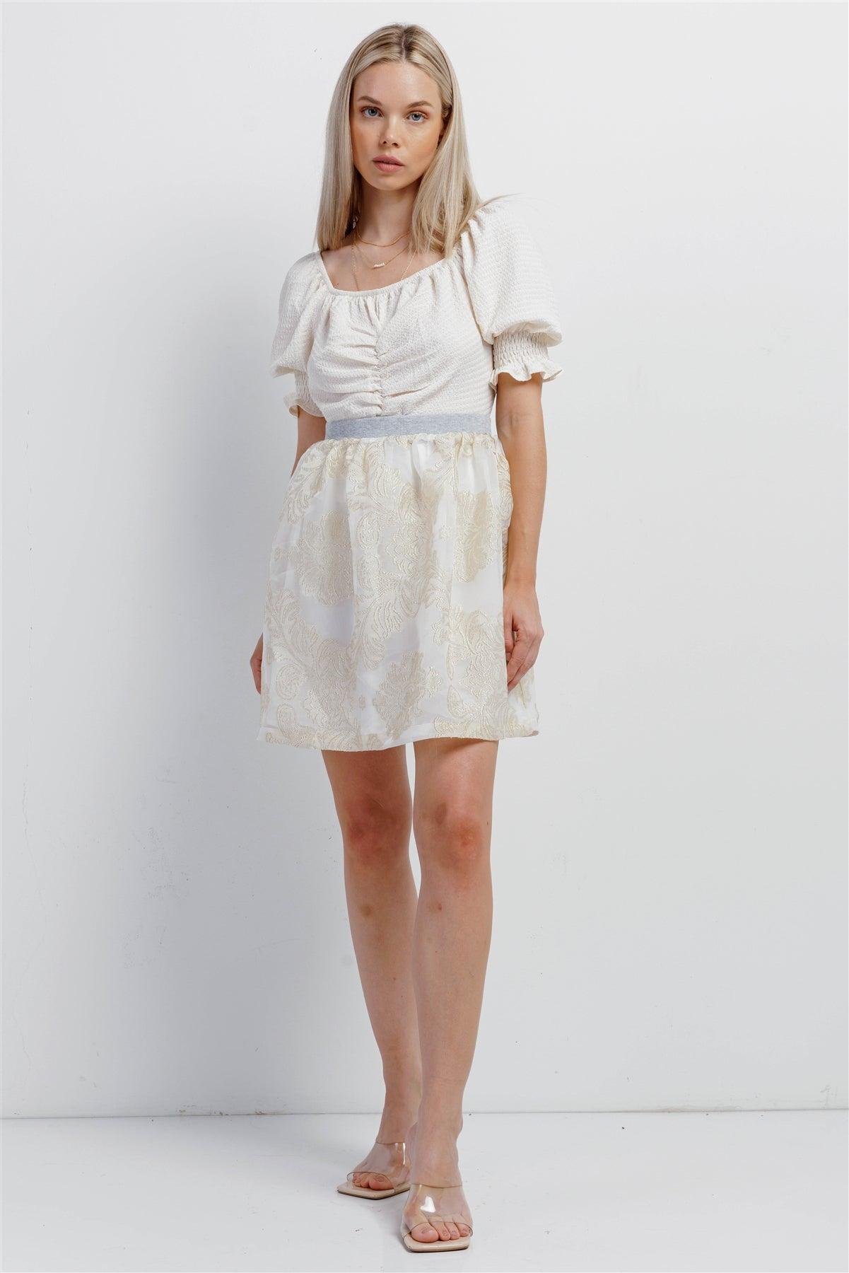 Cream Chiffon Golden Weave Ornament Embroidery High-Waisted Bubble Mini Skirt /1-2-2-1