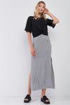 Black & White Multi Striped High Waist Side Slit Detail Midi Skirt /1-2-2-1 - Tasha Apparel Wholesale