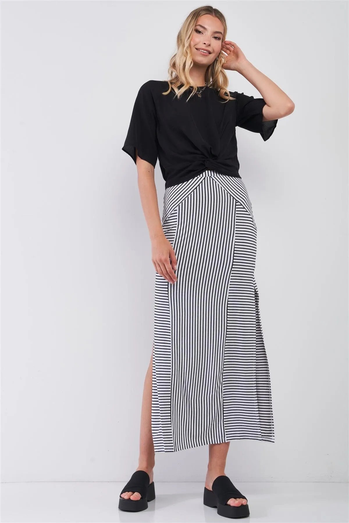 Black & White Multi Striped High Waist Side Slit Detail Midi Skirt /1-2-2-1 - Tasha Apparel Wholesale