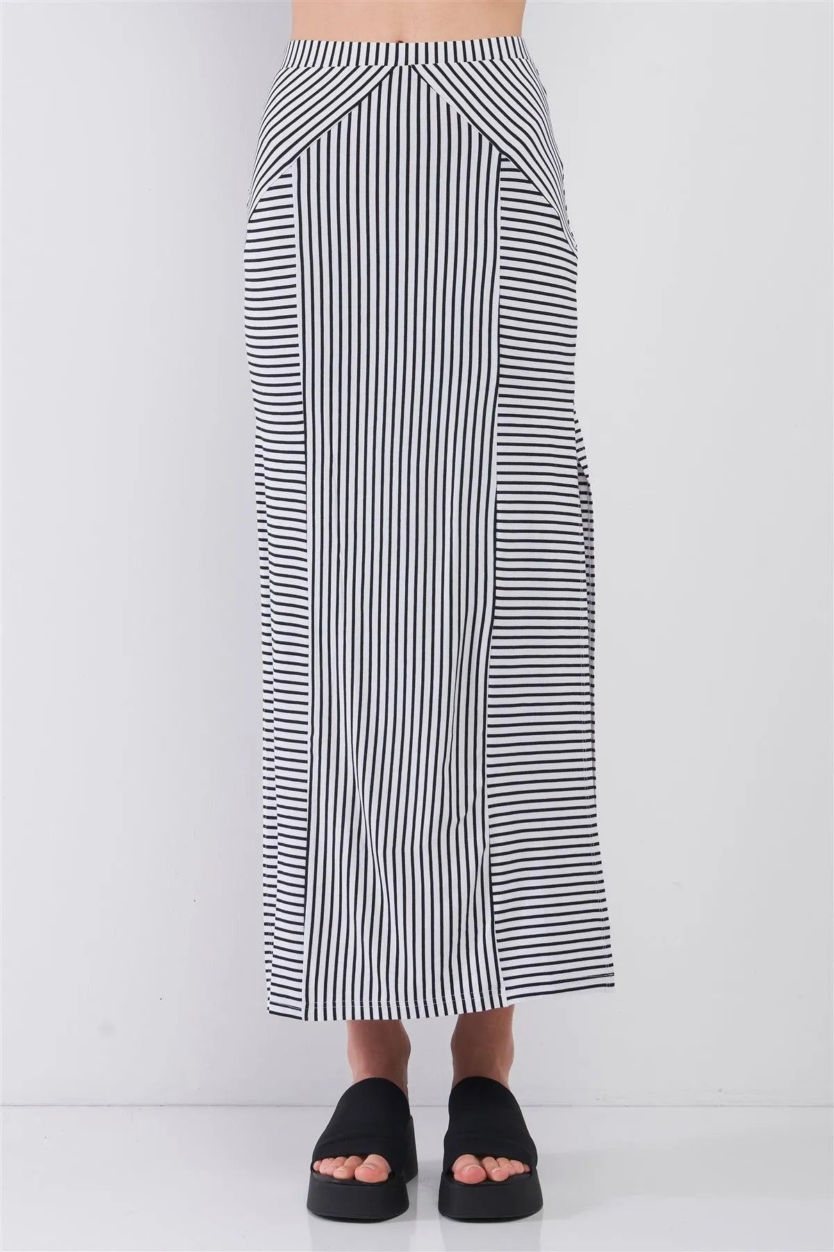 Black & White Multi Striped High Waist Side Slit Detail Midi Skirt /1-2-2-1 - Tasha Apparel Wholesale
