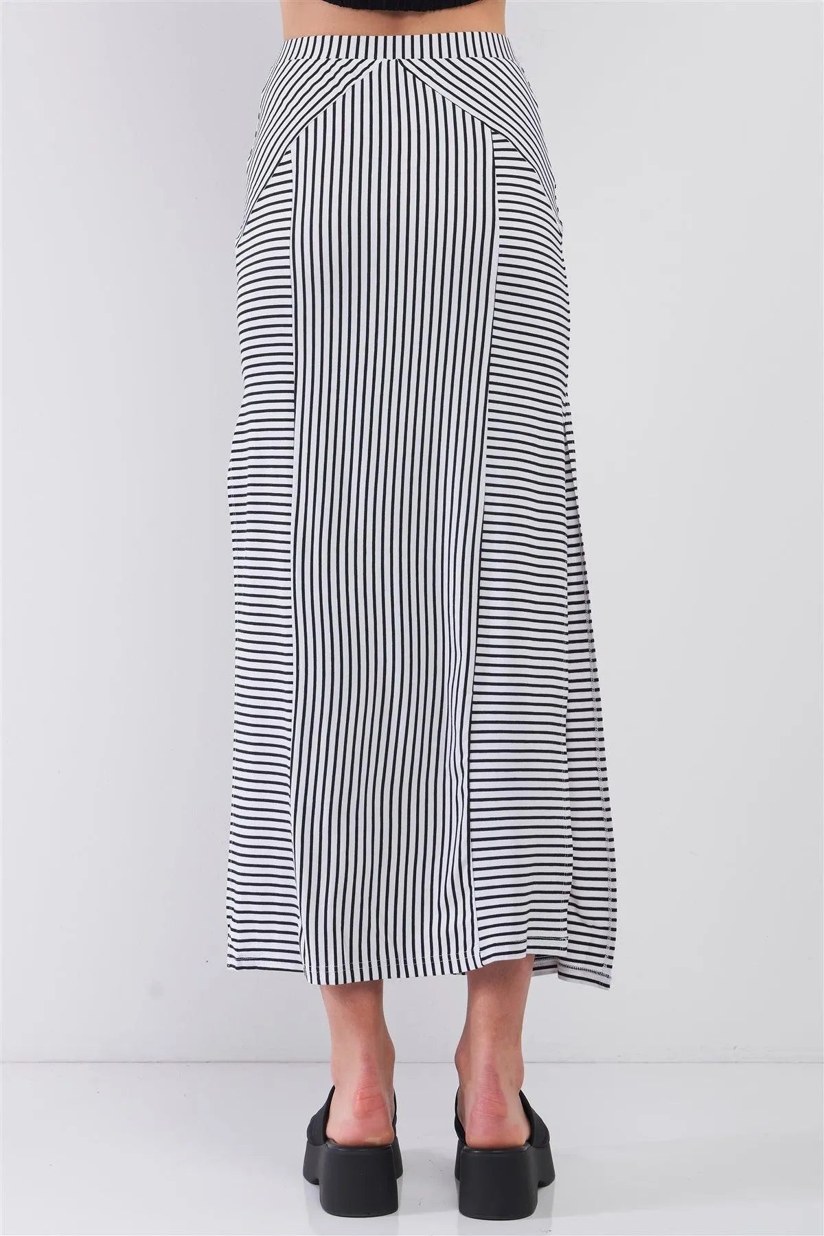 Black & White Multi Striped High Waist Side Slit Detail Midi Skirt /1-2-2-1 - Tasha Apparel Wholesale