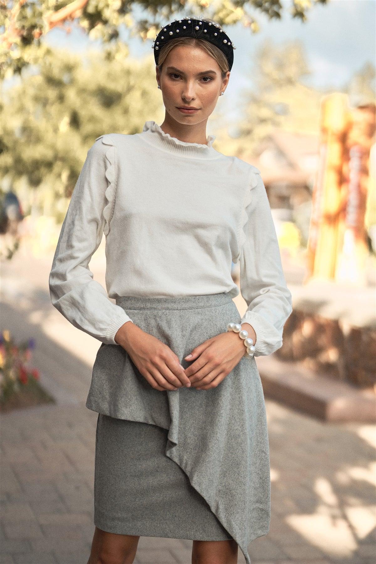 Grey Woolen High-Waisted Asymmetrical Knee Length Skirt /1-2-2-1