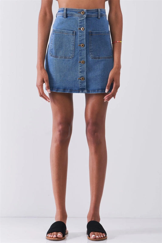 OG Vintage Blue Denim High Waist Button-Down Two Front Pockets Detail Mini Skirt /1-2-2-1 - Tasha Apparel Wholesale