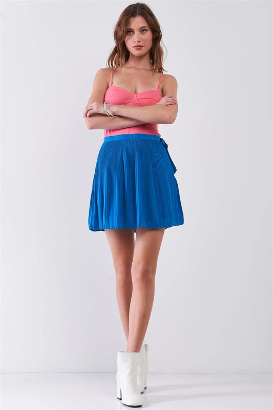 Sapphire Blue Pleated Side Self-Tie Bow Detail High Waist Flare Mini Skirt /1-1-2-1 - Tasha Apparel Wholesale