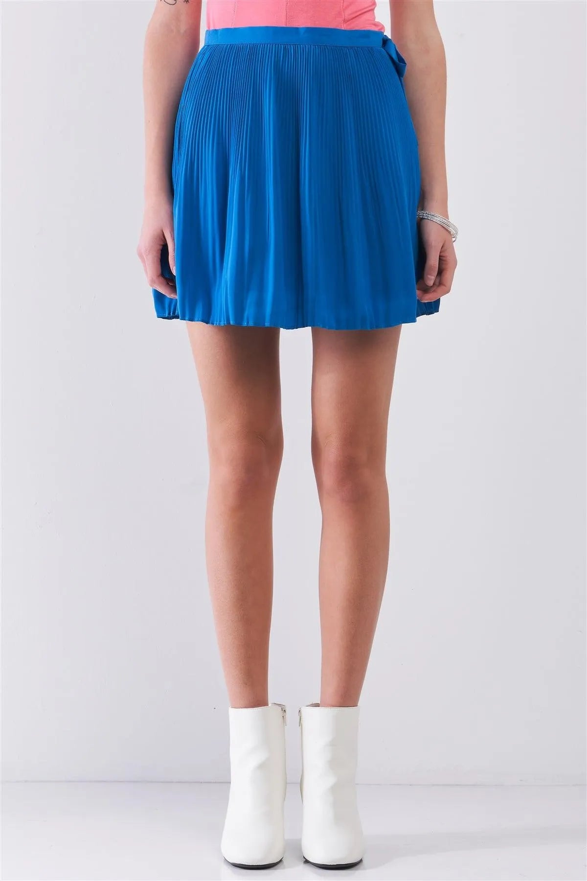 Sapphire Blue Pleated Side Self-Tie Bow Detail High Waist Flare Mini Skirt /1-2-2-1 - Tasha Apparel Wholesale