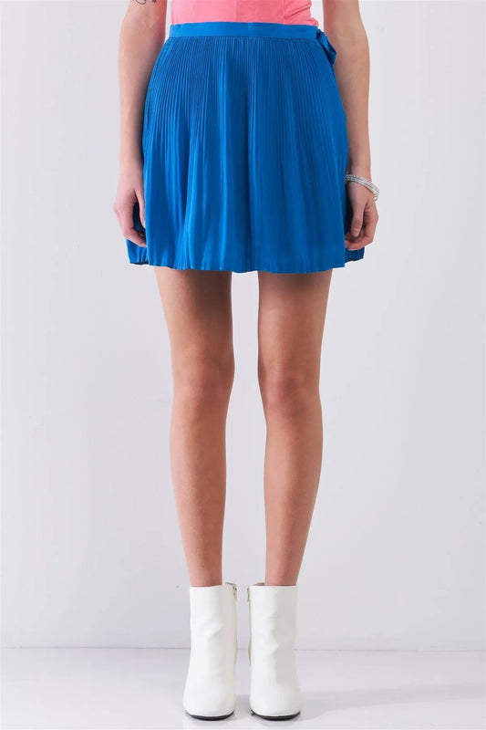 Sapphire Blue Pleated Side Self-Tie Bow Detail High Waist Flare Mini Skirt /1-2-2-1 - Tasha Apparel Wholesale