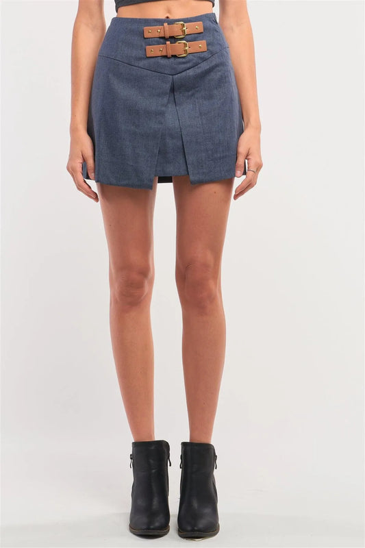 Navy High Waisted Pleated Front Belts Detail Mini Skirt /2-3-1 - Tasha Apparel Wholesale