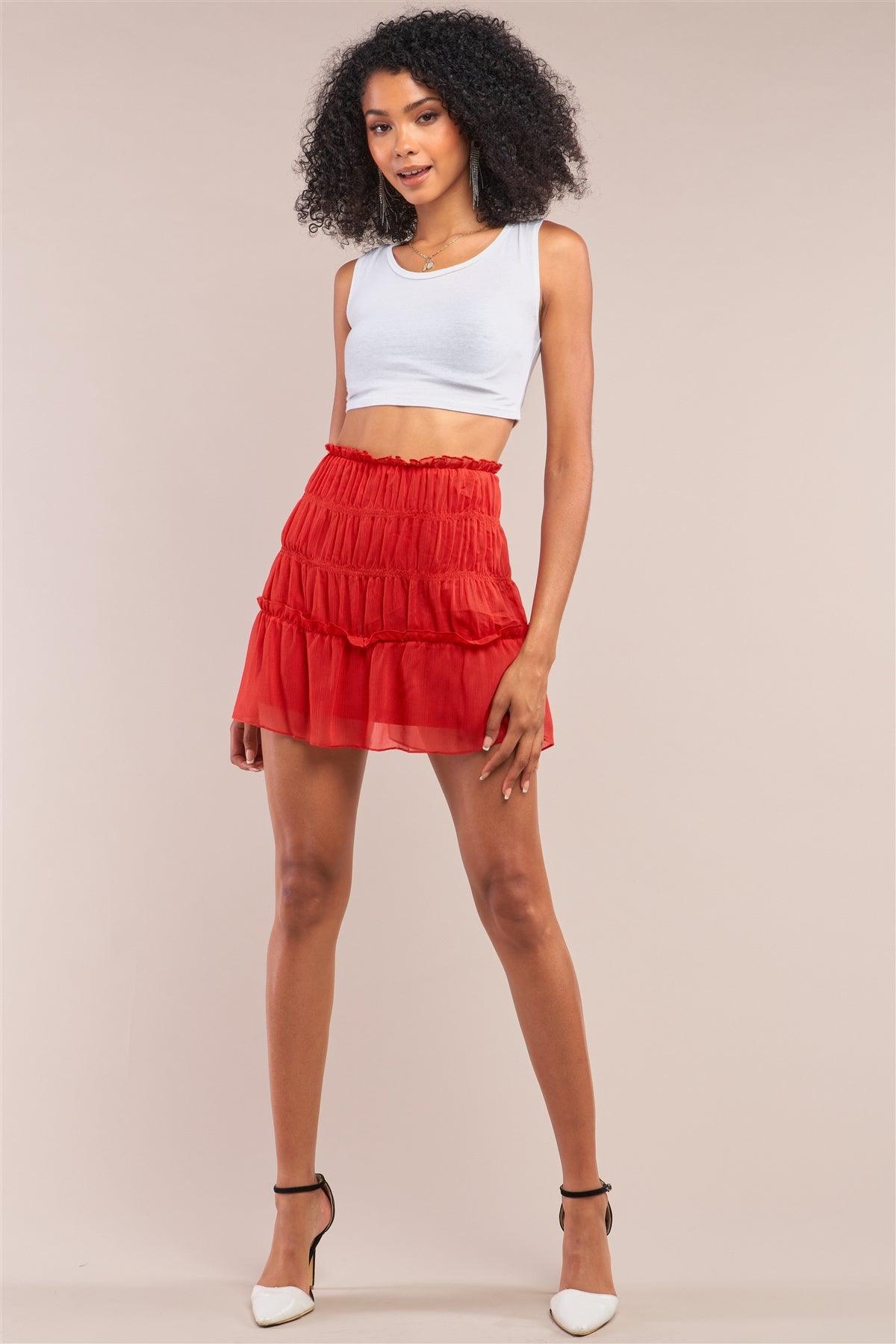 Red Casual Smock Detail Ruffle Mini Skirt /1-2-2-1