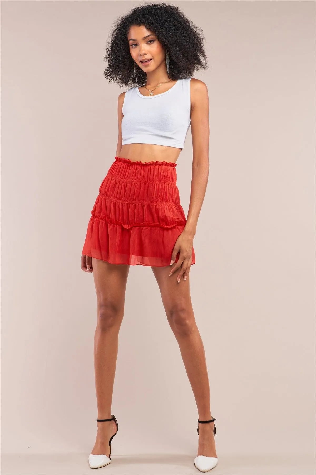 Red Casual Smock Detail Ruffle Mini Skirt /2-2-2 - Tasha Apparel Wholesale