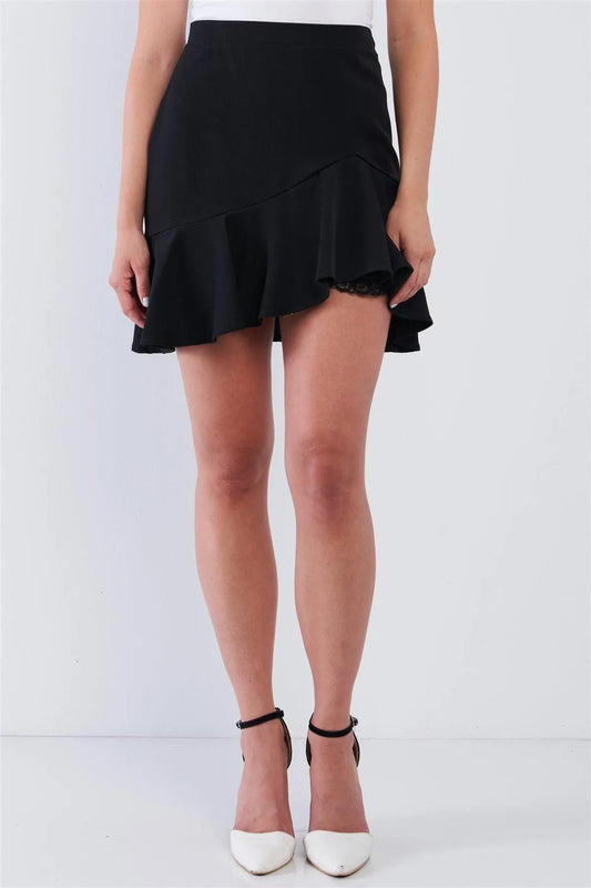 Black High Waist Asymmetrical Hem Sexy Hint Lace Bottom Detail Mini Skirt - Tasha Apparel Wholesale