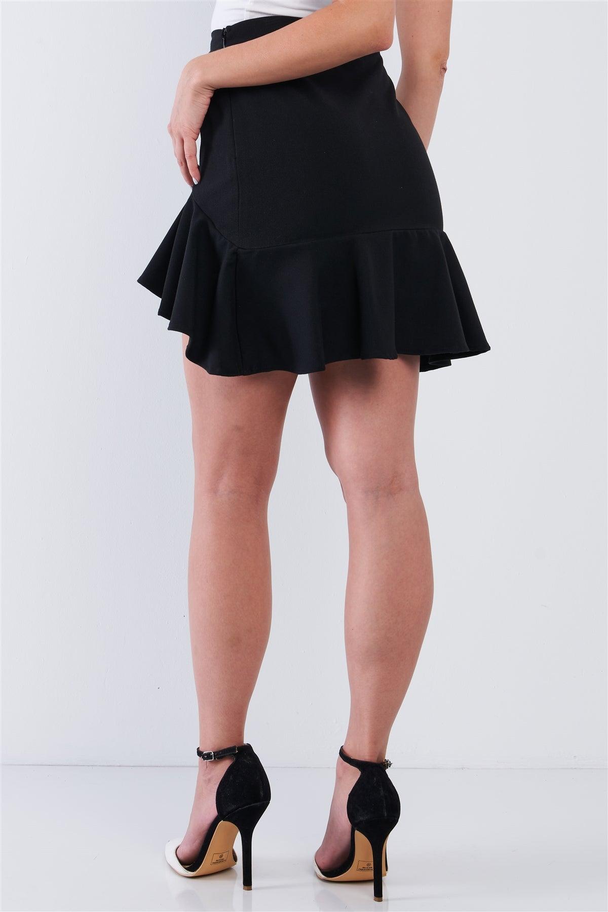 Black High Waist Asymmetrical Hem Sexy Hint Lace Bottom Detail Mini Skirt