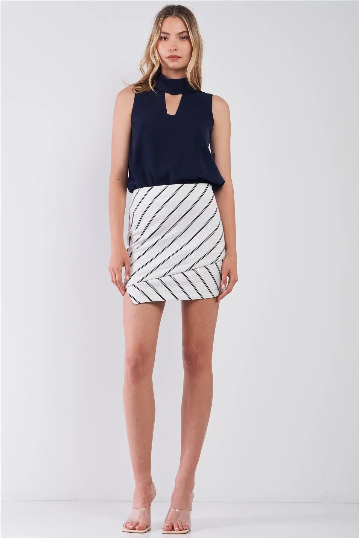 White & Black Striped High Waist Mock Wrap Uneven Tulip Mini Skirt - Tasha Apparel Wholesale