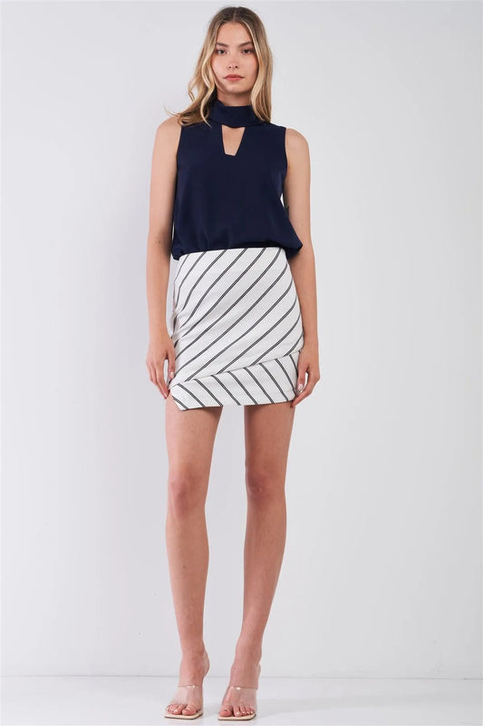 Off-White & Black Striped High Waist Mock Wrap Uneven Tulip Mini Skirt /1-2-2-1 - Tasha Apparel Wholesale