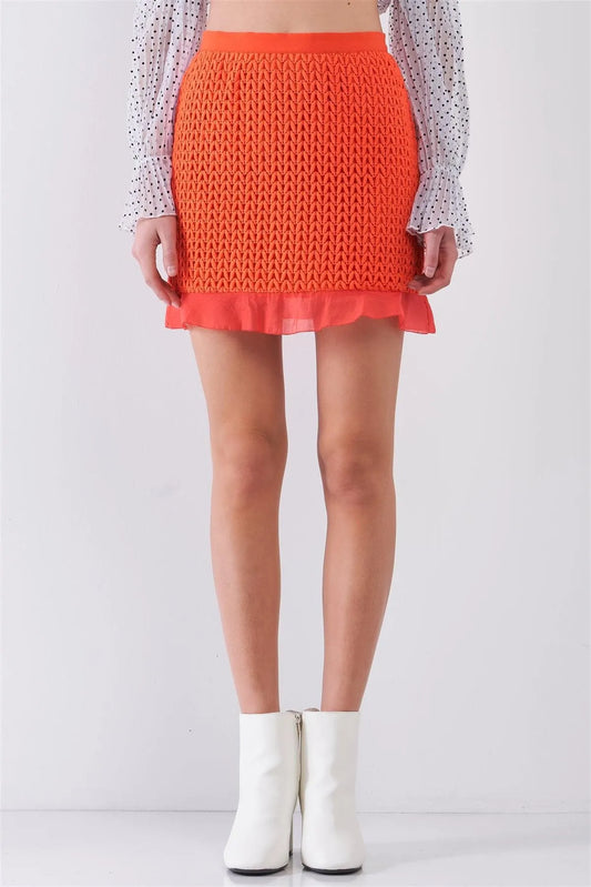 Orange-Red Embroidery High-Waisted Flare Hem Bell Mini Skirt /1-2-2-1 - Tasha Apparel Wholesale